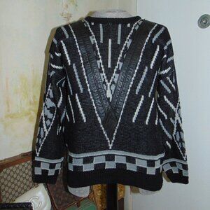 Vintage 80s Wayne Scott Sweater Men's Hand Knit Leather Black White Retro Large
